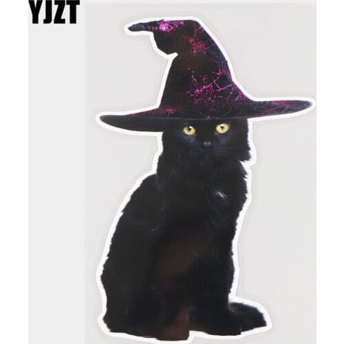 YJZT 11.9×18CM Black Cat With Witch Hat Creative Body Decoration Door Decals Funny Car Stickers 21A-0878