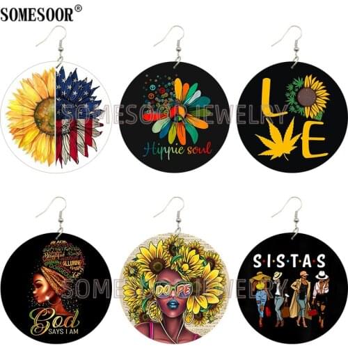 SOMESOOR Jewelry Sunflower Headdress Natural Wooden Double Sides Printing Drop Dangle Fashion Cute African Earrings for Women