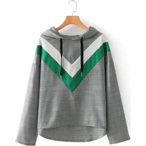 Bella Philosophy 2018 spring women casual long regular sleeve hoody fashion hooded female gray sweatshirt geometric splice hoody