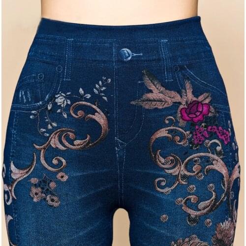 Women Flowers Printed Jeans Leggings Autumn Slim Cotton High Waist Jeggings Ladies Fake Jeans Trousers Leggings Legency