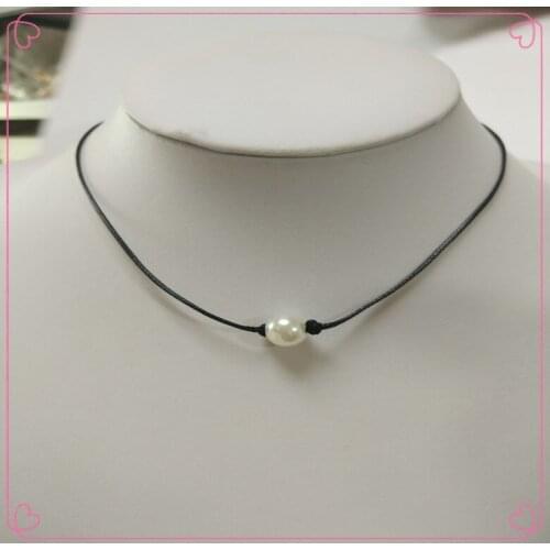 White Single Pearl Leather Choker Necklace for Women Girls Genuine Leather Cord Knotted Necklace Choker Handmade Jewelry Gift