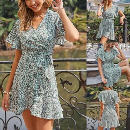 Women Vintage Floral Print Mini Dress Summer V Neck Ladies Beach Dresses with Belt Ruffles Short Sleeve Chic Dress