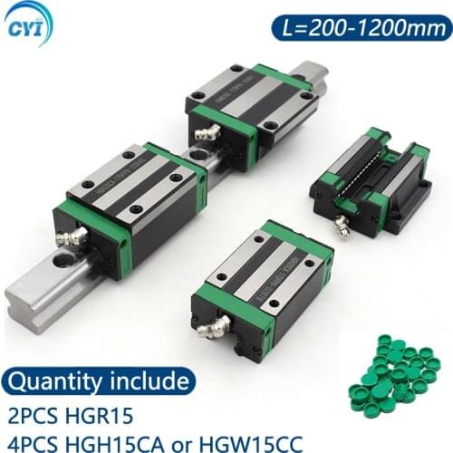 2PCS HGR15 HGH15 Square Linear Guide Rail 200-1200mm + 4PCS HGH15CA / HGW15CC Flang Slide Block Carriage CNC Router Engraving