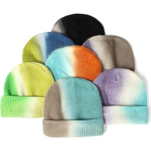 VISROVER 2021 Fashion Hats Winter Beanie Rabbit Hair Tie Dye Skully Lady Bonnet Soft Warm Ski Hat Colorful Skullies Female Cap