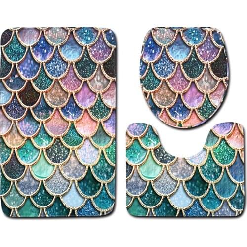 Brand Polyester 3pcs/Set Fish Scales Non-Slip Bathroom Mat Set Bathroom Rug + U-Shaped Toilet Mat + Lid Cover Easy To Clean