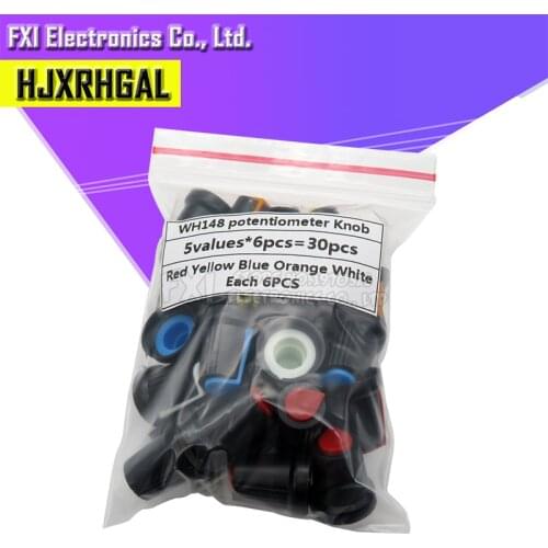 30PCS/lot potentiometer knobs 15X17mm 6mm WH148 potentiometer B10K color knob cap Yellow Orange Blue White Red 5value*6PCS=30PCS