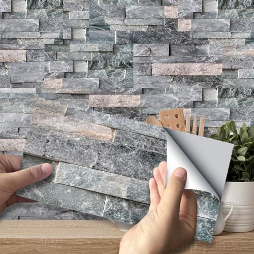 9Pcs PVC Imitation Marble Long Brick Wall Stickers Kitchen Bathroom Waterproof Self-adhesive Tiles Wall Decor 20x10cm