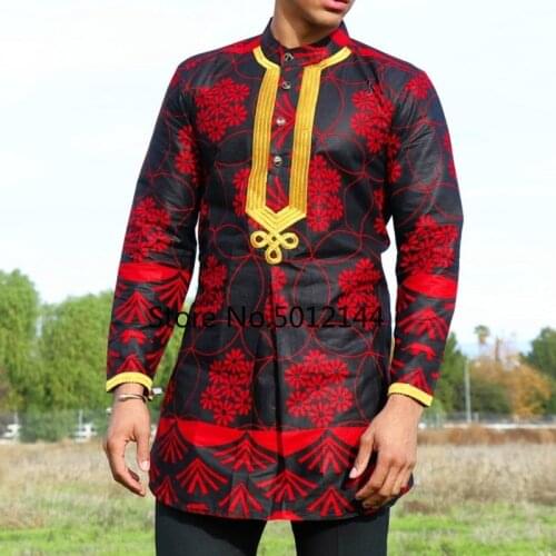 African Mens Dashiki Long Sleeve Plus Size Shirt Rich Floral Print Moslem Mens Slim Top Casual T-shirt Tradition Chilaba Man