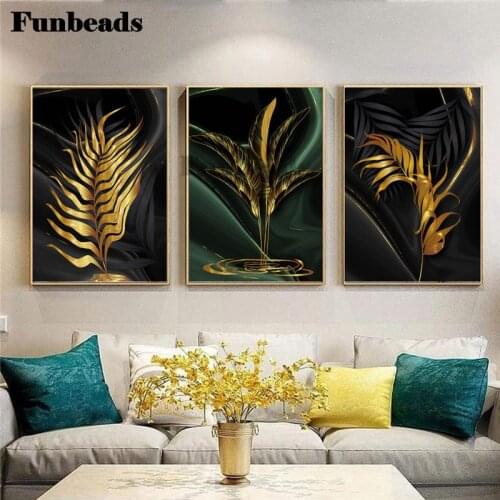 Three pieces of diamond painting full square abstract gold leaf diamond embroidered diamond inlaid decor jigsaw tripty FF4077
