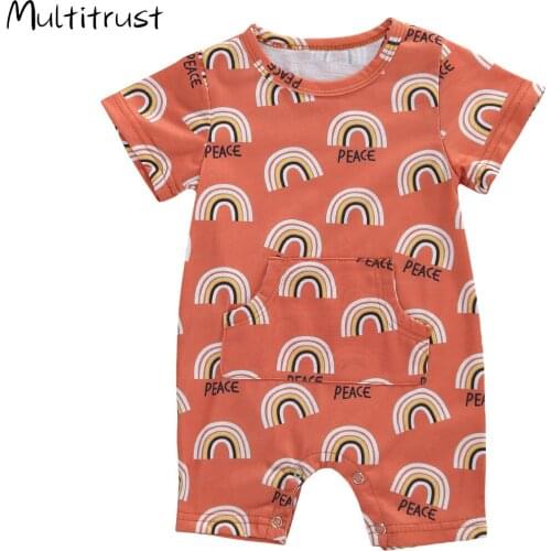 One-Piece 2020 Infant Baby Girl Boy Rainbow Short Sleeve Romper Jumpsuit Short Pants with Pockets Pajamas 0-24M