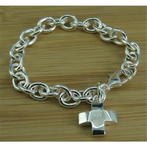 Solid Silver Bracelets for Women Cross Tag Charm Bracelet & Bangles Wristband Pulseira Femme Wedding Brand Jewelry Wholesale