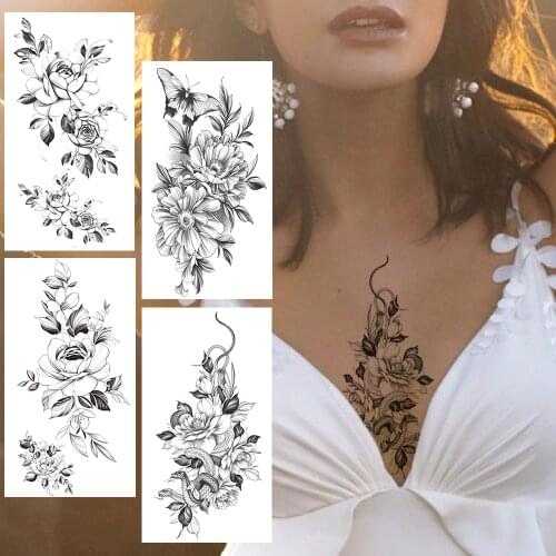 Black Snake Flower Temporary Tattoo For Women Fake Tattoos Sticker Lily Flower Waterproof Waist Neck Back Camellia Bloosom Tatoo