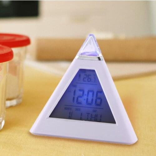Digital LED Alarm Clock 7 Colors Changing Night Light Time Temperature Display Pyramid Shape Desk Clock Creative Home Decoration