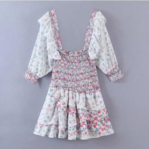 Boho Mixed Floral Prints Party Dress Flounced Edge Puff Sleeve Square Neck Smocked Sexy Laides Dress Mini Chic Summer Dresses
