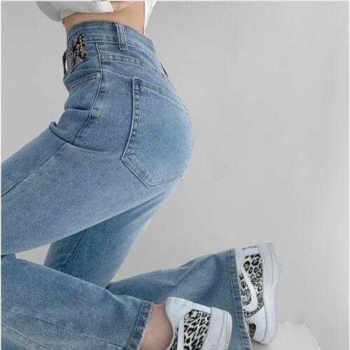 TVVOVVIN Fashion Splicing Snake Pattern Leather Washed Jeans Women Autumn High Waist Casual Denim Flare Pants UJEC