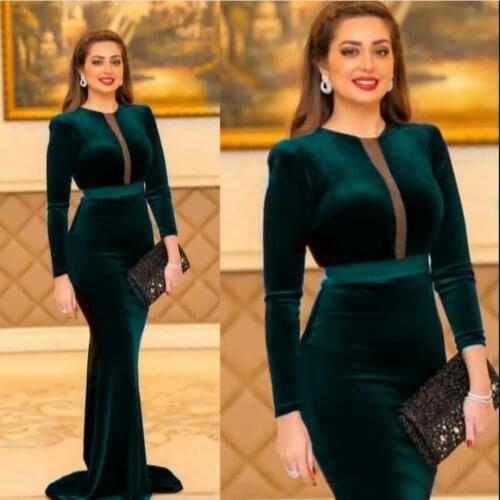 Elegant O-Neck Long Mermaid Evening Dresses with Sleeves Velvet Dark Green Floor Length Zipper Formal Party Dresses for Women
