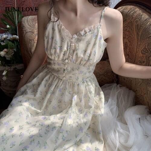 Elegant Casual Womens Dresses Party 2021 Summer One Piece Dress Korean Lace Vintage Strap Dress Floral Females French V-neck