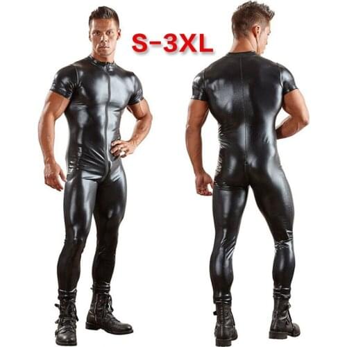 Wetlook Fetish Gay Bondage Latex Jumpsuits Patent Leather Open Crotch Pole Dance Bodysuit Sexy Sissy Pants for BDSM Gay Sex