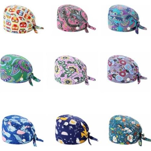 Cotton Scrub Cap with Button Dentist Nurse Women Men Cartoon Anime Printing Cap Pet Veterinary Beauty Pharmacy Lab Work Hat