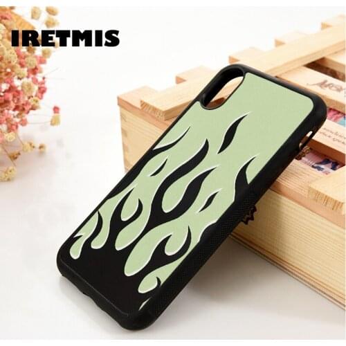 Iretmis 5 5S SE 2020 6 6S Silicone Rubber Phone Case Cover for iPhone 7 8 Plus X Xs 11 12 MINI Pro Max XR Green Flame Pattern