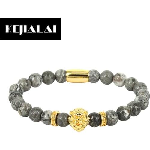 KEJIALAI Fashion Men Jewelry Lion Head Charm Bracelet Gold Rose Gold Color Natural Stone Beads Best Birthday Gift