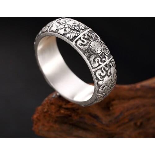 Guaranteed 990 Sterling Silver Rings Vintage Thai Silver Carved Flowers and Fish Rings for Women and Men Fine Silver Jewelry