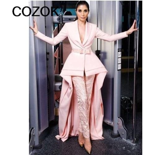 High Low Jumpsuits Evening Dresses V Neck Pink Plus Size Lace Formal With Long Sleeves Satin Peplum Party Prom Gowns