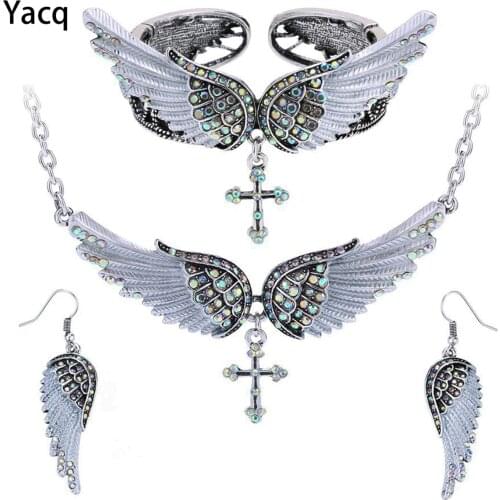 Yacq Angel Wing Cross Necklace Earrings Bracelet Set Women Biker Jewelry Birthday Gifts Her Mom Wife Girlfriend Dropshipping