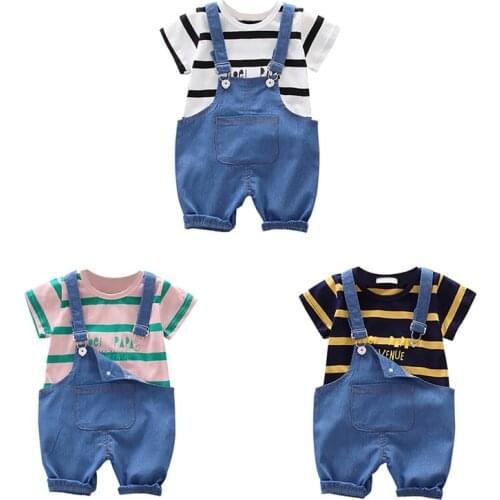 Summer New Baby Boys Clothing Sets Short Sleeve Stripe Letter Print Tops Blouse Shirt+Denim Suspender Pants Baby Casual Outfits