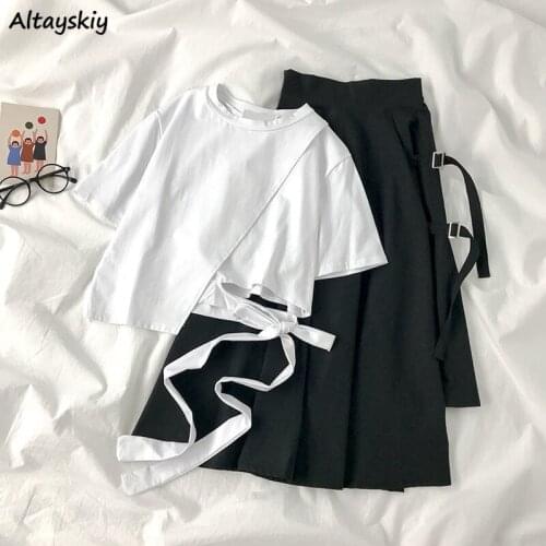 Dress Sets Safari Style All-match Solid Color Cool Street Female Students Harajuku Waist Hollow Out Bandage Mid-calf Folds Girls