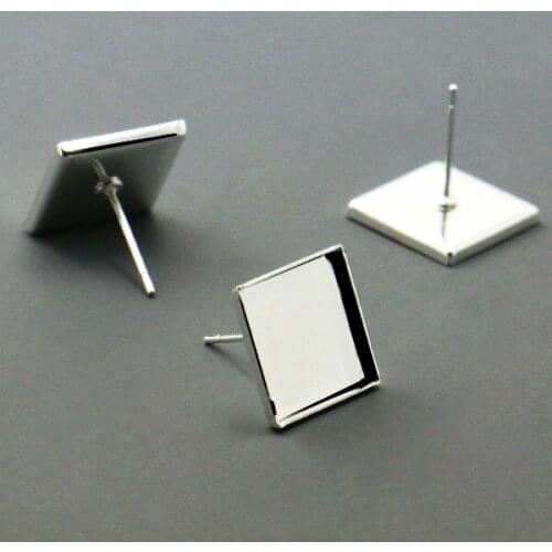 50pcs Sliver Plated Square Blank Stud Earring Base Cabochon Cameo Base Fit Glass 12mm Stud Earring Setting DIY Jewelry Making