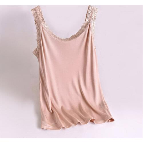 Solid Color Pure Silk Tanks Women Lace Patchwork Camis U Neck 100% Soft silk sexy Female Basic OL Vestidos Tops Size M-XXL WQ168