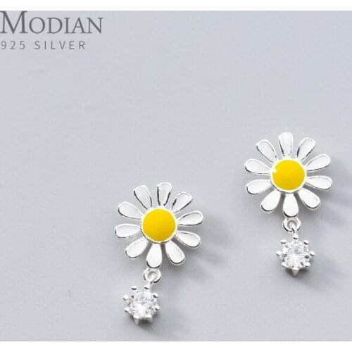 Modian Stud Earrings for Women 925 Sterling Silver Enamel Daisy Flower Ear Stud Jewelry Brincos New Design Ear Accessories