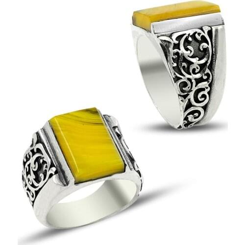 Handmade Silver Ring Yellow Amber Silver Ring Mens Vintage Jewelery Modern Amber Ring Attractive Ring 925K Silver Men Ring