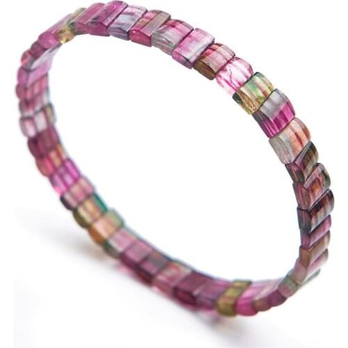 Genuine Colorful Natural Tourmaline Gem Stone Healing Crystal Stretch Rectangle Bead Woman Bracelet Bangle