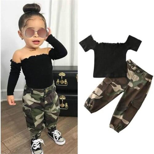 1-6Y Fashion Infant Baby Girls Clothes Sets Summer Ribbed Knit Short Sleeve Off Shoulder T Shirts Tops+Camouflage Pants 2Pcs Set