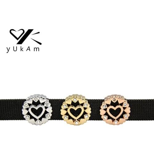 YUKAM Jewelry Hollow Round Slider Spacers Silver Color Rhinestone Heart Slide Charms Keeper for Mesh Bracelet Accessories Making