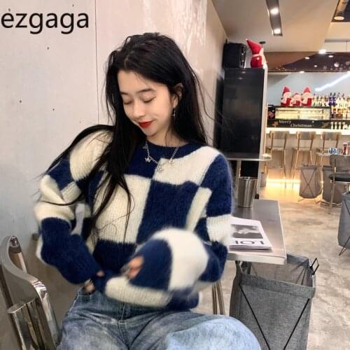 Ezgaga Casual Women Sweater Pullover Autumn 2021 Outwear O-Neck Plaid Jumper Loose Korean Chic Female Knitwear Warm Elegant