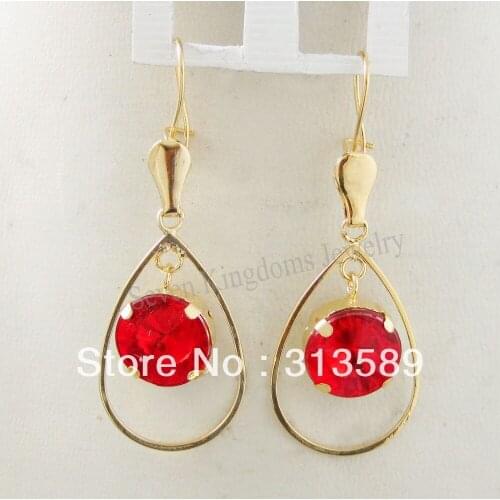 DANGLE 2.16" YELLOW GOLD GP FILL BRASS RED STONE STUD WATER DROP EARRING/GREAT GIFT