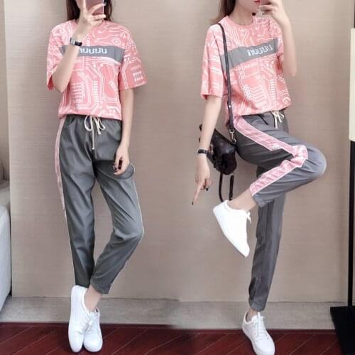 Summer Casual Sportswear Ins Suit O-neck Printing T shirt+Harem Pants 2020 Korean Fashion Women Clothes Tracksuit Two Piece Set
