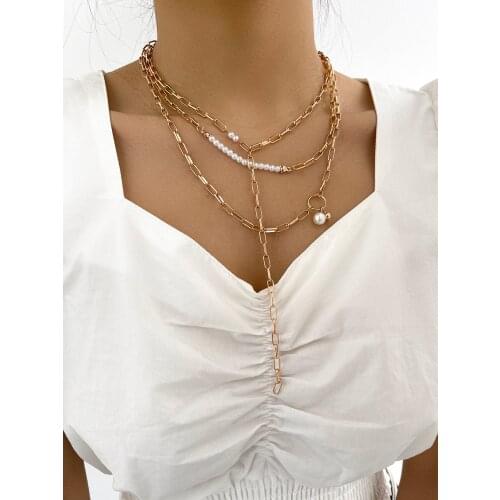 Stillgirl 3 Layer Vintage Pearl Gold Chain Pendant Necklace for Women Kpop Punk Geometric Female Fashion Jewelry Collares Femme
