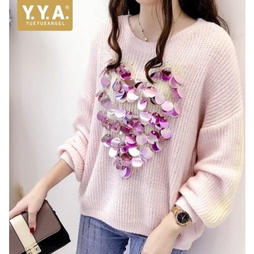 Sweet Sweaters Women Autumn Round Neck Loose Pullover Sequins Long Sleeve Knitting Sweaters Fashion College Pink Sweater Tops