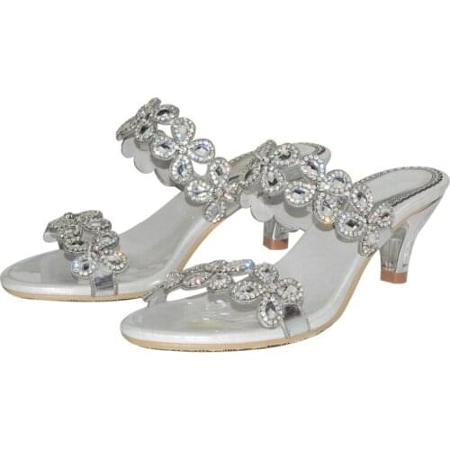 Thick High Heel Slippers Summer New Women Hollow Flower Rhinestones Diamonds High Heel Thick Heel Large Size Slippers