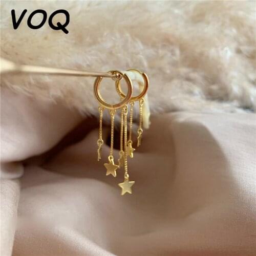 VOQ 925 Sterling Silver New Fashion Star Tassel Small Hoop Earrings Ladies Earrings Femininity Pendant Jewelry