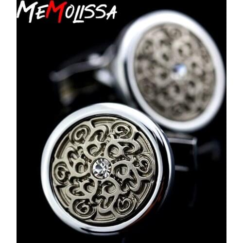 MeMolissa Vintage Style Laser Engraving cufflinks Laser metal relief high-quality Brass Round Crystal Mens shirt cuff link