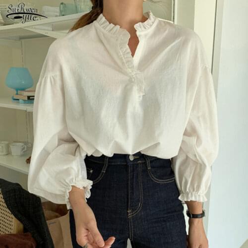New Fashion Cotton Lantern Sleeve Women Shirts Casual Plus Size Female Clothing Pullover Solid White Ladies Blouse Tops 12532