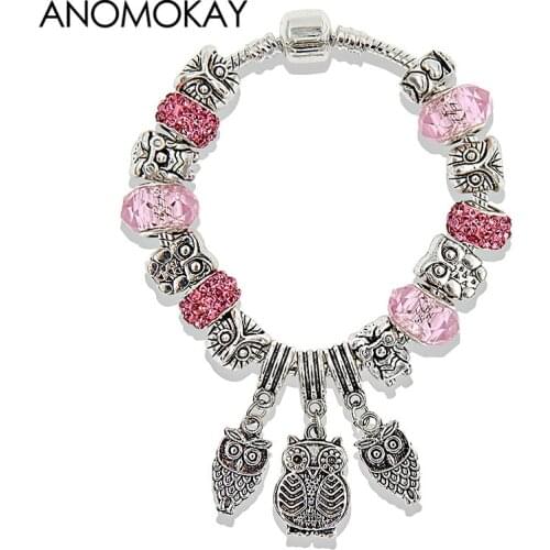 2019 Silver Plated Owl Pendant Charm Bracelet Pink Blue Purple Crystal Bead Bracelets & Bangles for Women Girl Birthday Gift