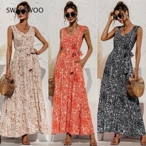 2021 Summer Women Leopard Print Tank Long Dress Sexy Backless V-Neck Bandage Boho Beach Dress Vintage Black Robe Femme