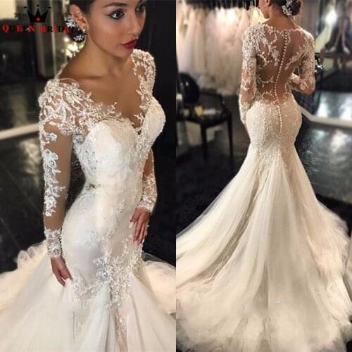Custom Made Sexy Long Sleeve Wedding Dresses Mermaid Beading Tulle Lace Vintage Formal Long Vestidos De Novia Wedding Gowns WD14