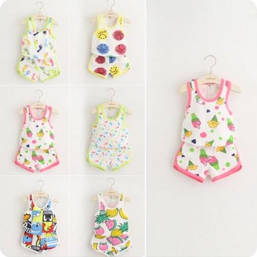 2016 Summer Korean Childrens Garment 2 Pieces Set New Pattern Girl Baby Cartoon Printing I-shape Vest Undershirt Shorts Suit
